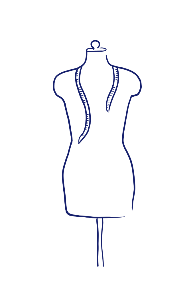 Minimalistische Zeichnung einer Schneiderpuppe mit Maßband – Symbol für das Änderungsatelier und professionelle Maßanpassungen bei Fein und Rein.