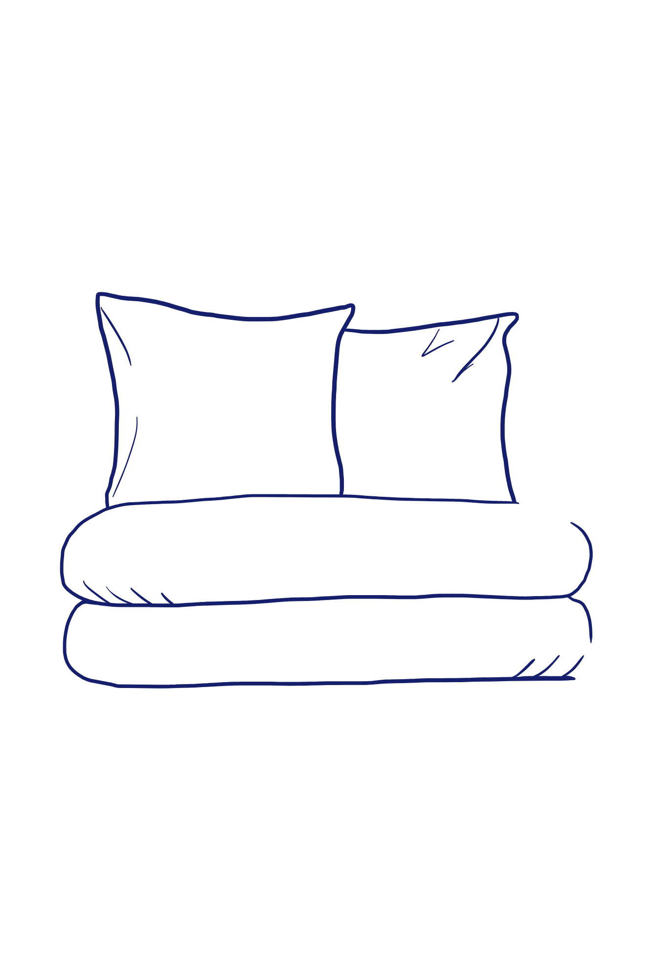 Minimalistische Zeichnung von Kissen und Bettwäsche – Symbol für professionelle Mangelwäsche und perfekte Glätte bei Fein und Rein.