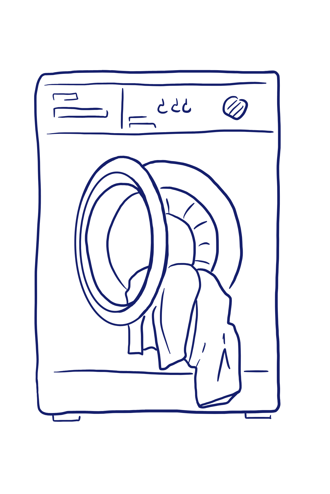 Minimalistische Zeichnung einer Waschmaschine mit Kleidung – Symbol für professionelle Textilreinigung und schonende Pflege bei Fein und Rein.